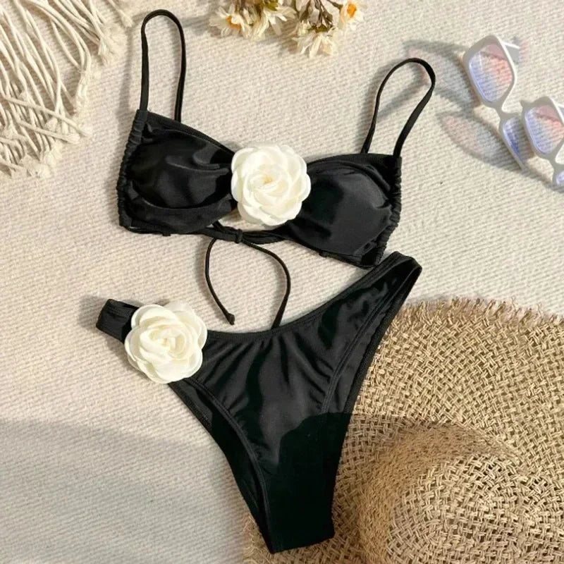 Flower Bandeau Swimwear Thong Bikini